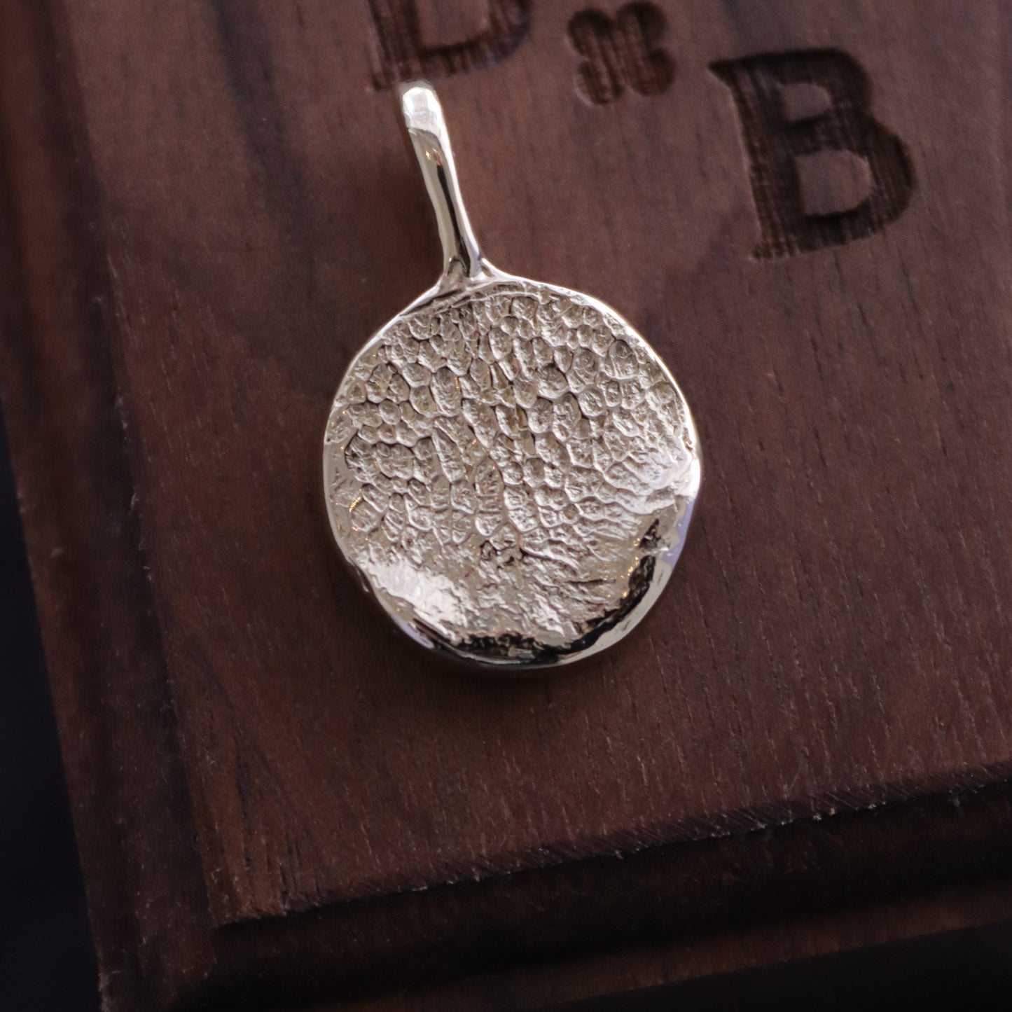 Close up 9 carat gold dog nose print pendant 
