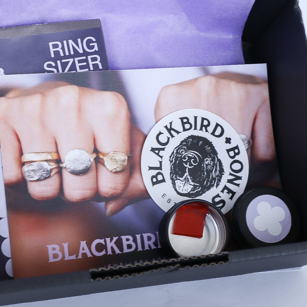 Step 1: Dog nose print wax kit contents — Blackbird and Bones
Step 2: Taking a dog's nose print in jeweller's wax
Step 3: Completed handcrafted dog nose print signet ring in sterling silver
